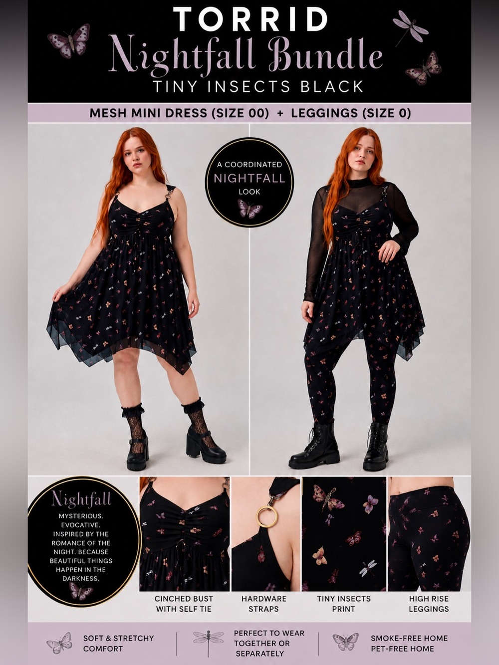 Torrid Nightfall Tiny Insects Black Bundle – Mesh Dress & Cotton Leggings – NWT